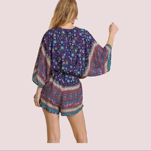 Umgee Mixed Print Surplice Waist tie Romper NWT - Picture 3 of 10